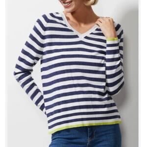 ZAKET & PLOVER Essential V Neck Striped Knit Sweater WHITE/NAVY Size XL